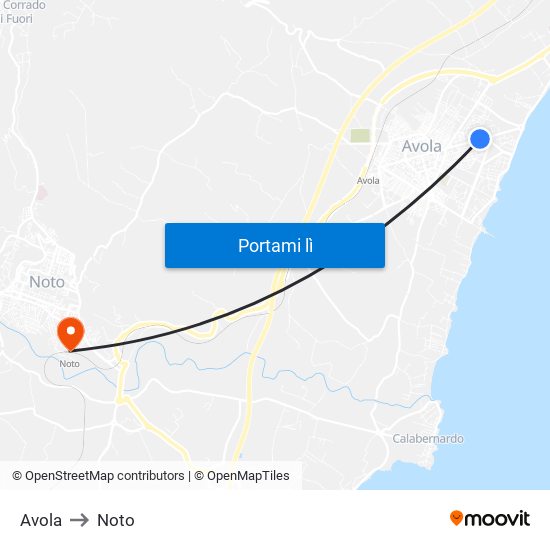 Avola to Noto map