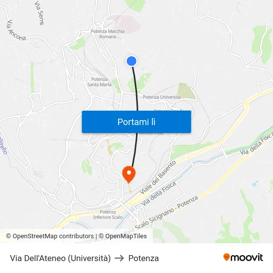 Via Dell'Ateneo (Università) to Potenza map