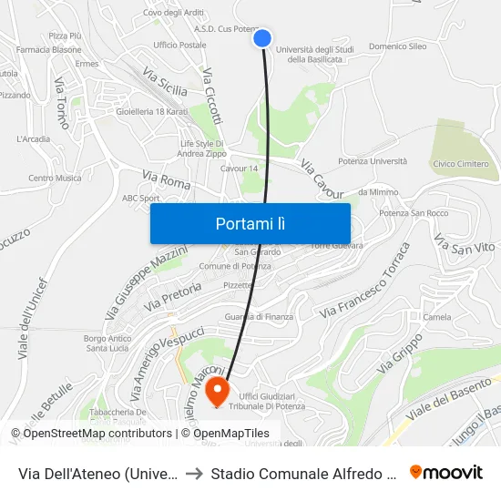 Via Dell'Ateneo (Università) to Stadio Comunale Alfredo Viviani map