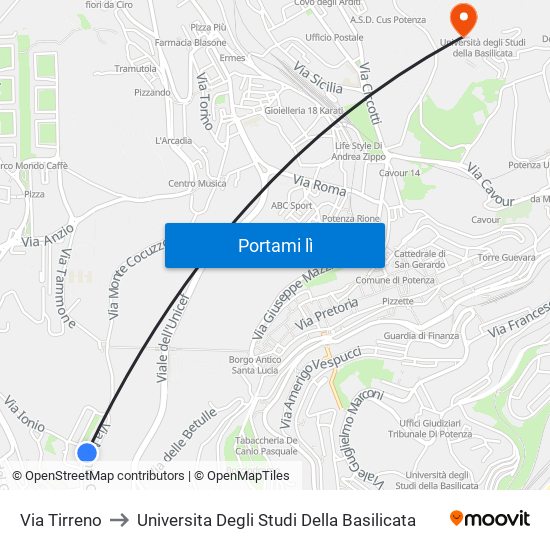 Via Tirreno to Universita Degli Studi Della Basilicata map