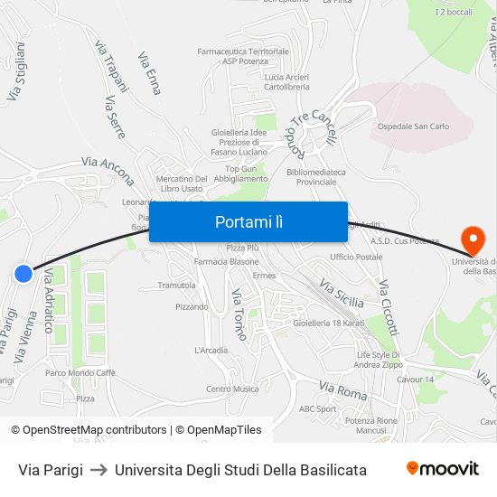 Via Parigi to Universita Degli Studi Della Basilicata map