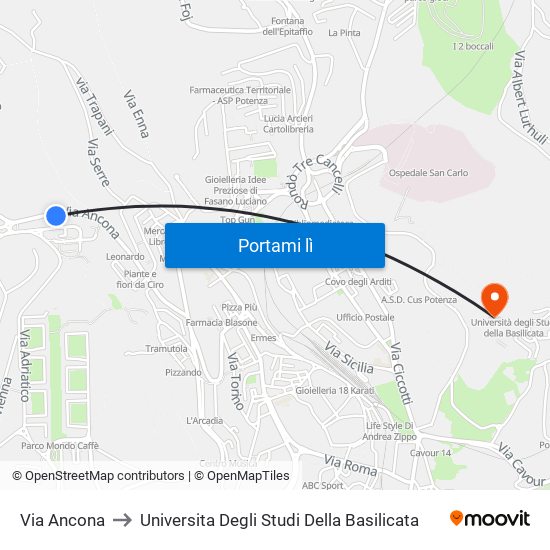 Via Ancona to Universita Degli Studi Della Basilicata map