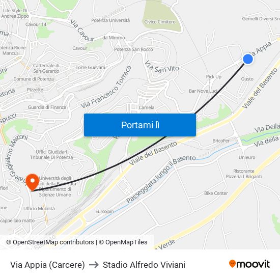 Via Appia (Carcere) to Stadio Alfredo Viviani map