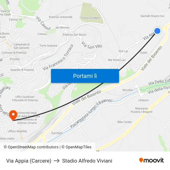 Via Appia (Carcere) to Stadio Alfredo Viviani map
