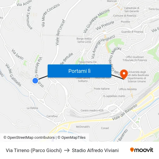 Via Tirreno (Parco Giochi) to Stadio Alfredo Viviani map