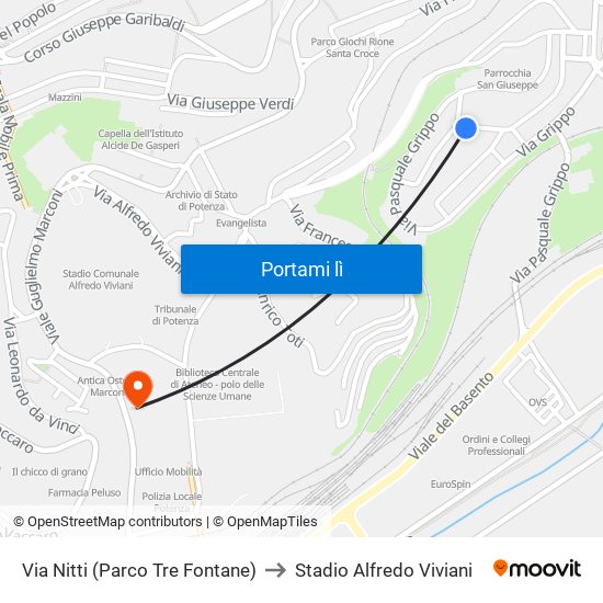 Via Nitti (Parco Tre Fontane) to Stadio Alfredo Viviani map