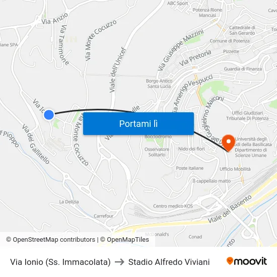 Via Ionio (Ss. Immacolata) to Stadio Alfredo Viviani map