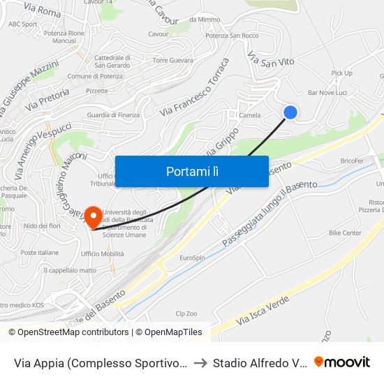 Via Appia (Complesso Sportivo Caizzo) to Stadio Alfredo Viviani map