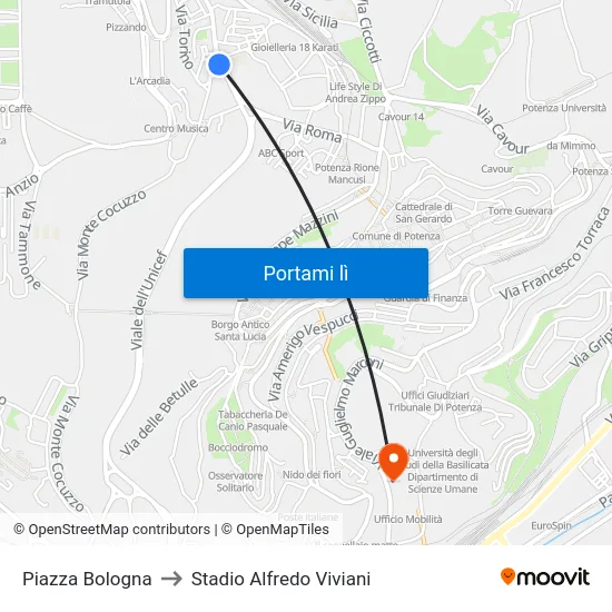 Piazza Bologna to Stadio Alfredo Viviani map