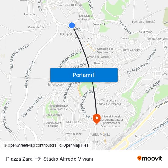 Piazza Zara to Stadio Alfredo Viviani map