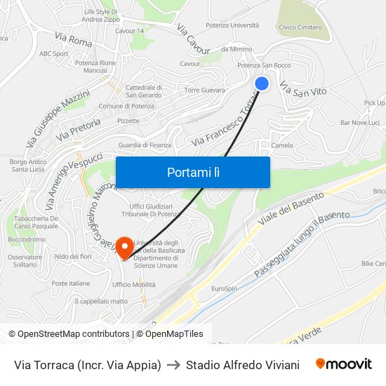 Via Torraca (Incr. Via Appia) to Stadio Alfredo Viviani map