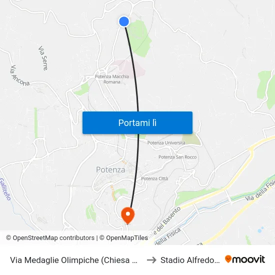 Via Medaglie Olimpiche (Chiesa Gesù Maestro) to Stadio Alfredo Viviani map
