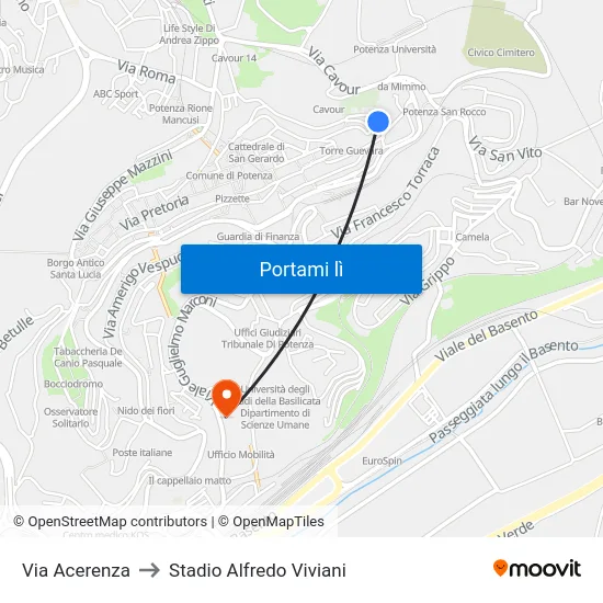 Via Acerenza to Stadio Alfredo Viviani map