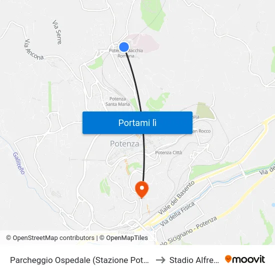 Parcheggio Ospedale (Stazione Potenza Macchia Romana) to Stadio Alfredo Viviani map