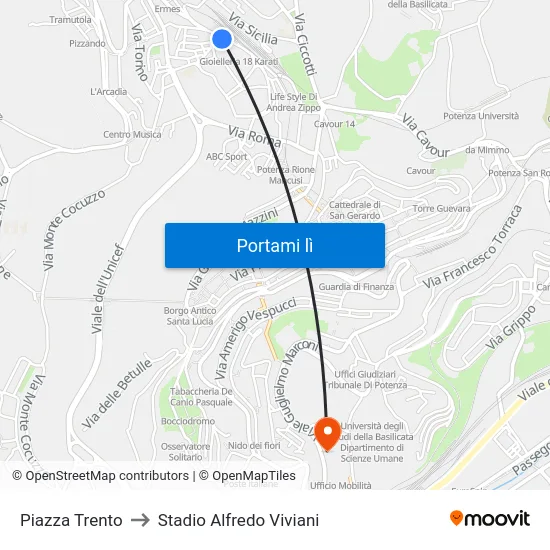 Piazza Trento to Stadio Alfredo Viviani map