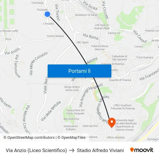 Via Anzio (Liceo Scientifico) to Stadio Alfredo Viviani map