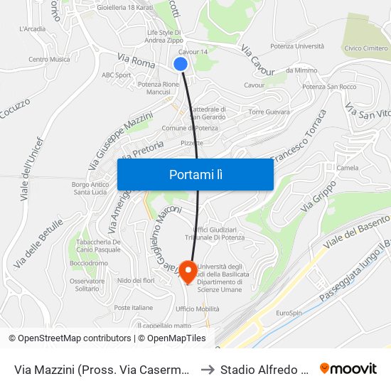 Via Mazzini (Pross. Via Caserma Lucania) to Stadio Alfredo Viviani map