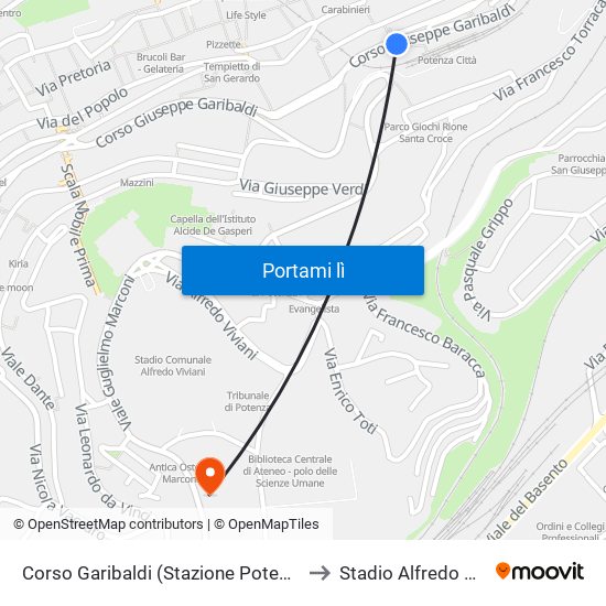 Corso Garibaldi (Stazione Potenza Città) to Stadio Alfredo Viviani map