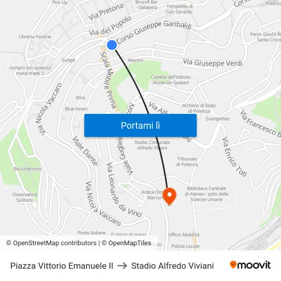 Piazza Vittorio Emanuele II to Stadio Alfredo Viviani map