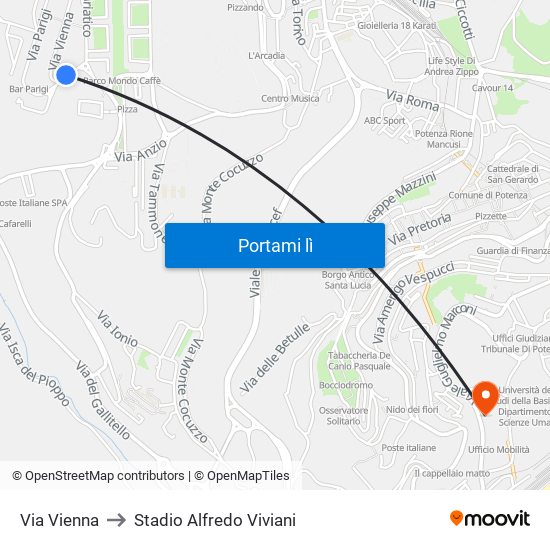 Via Vienna to Stadio Alfredo Viviani map