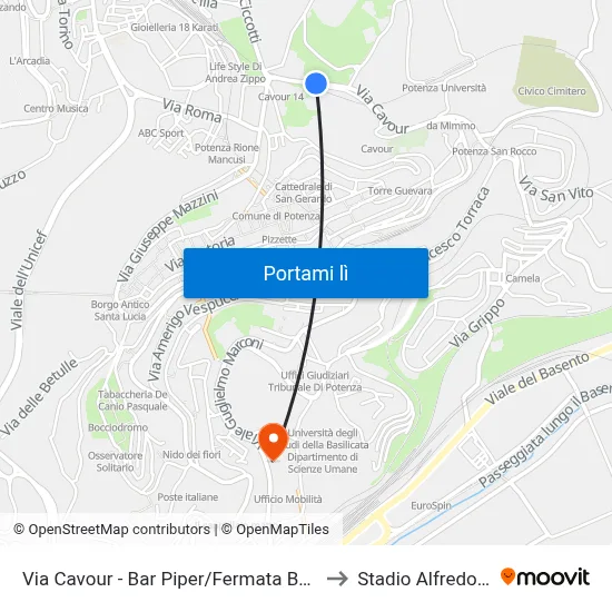 Via Cavour - Bar Piper/Fermata Bus Extraurbani to Stadio Alfredo Viviani map