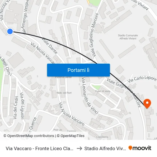Via Vaccaro - Fronte Liceo Classico to Stadio Alfredo Viviani map