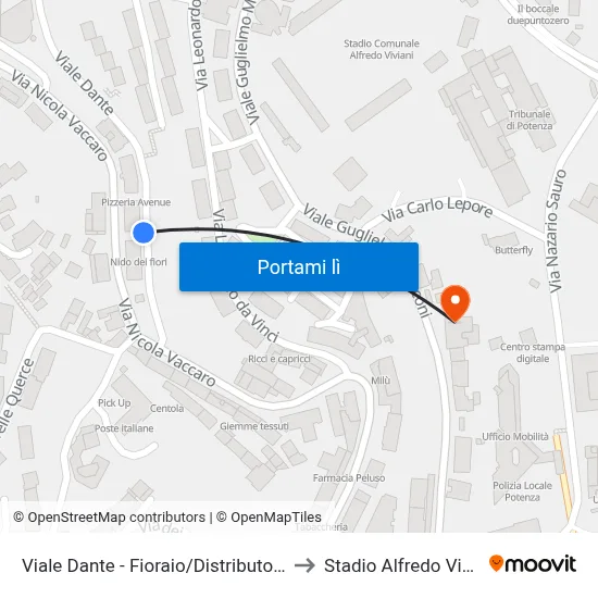 Viale Dante - Fioraio/Distributore Eni to Stadio Alfredo Viviani map
