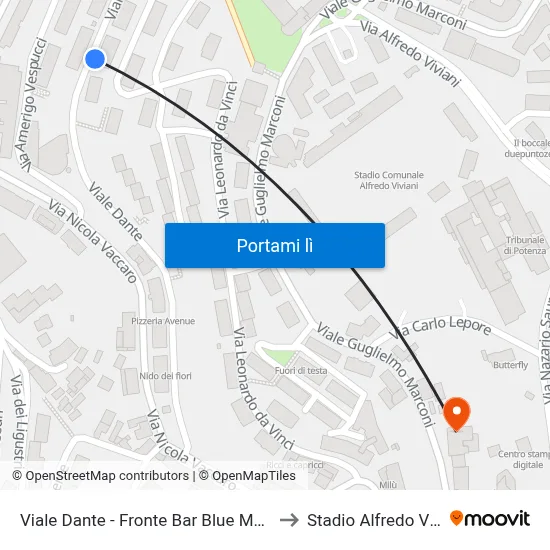 Viale Dante - Fronte Bar Blue Moon Cafe to Stadio Alfredo Viviani map