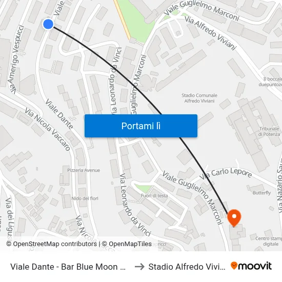 Viale Dante - Bar Blue Moon Cafe to Stadio Alfredo Viviani map