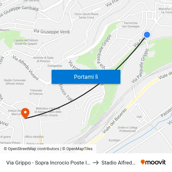 Via Grippo - Sopra Incrocio Poste Italiane Centrali to Stadio Alfredo Viviani map