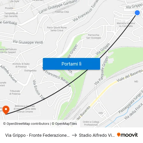 Via Grippo - Fronte Federazione Tennis to Stadio Alfredo Viviani map
