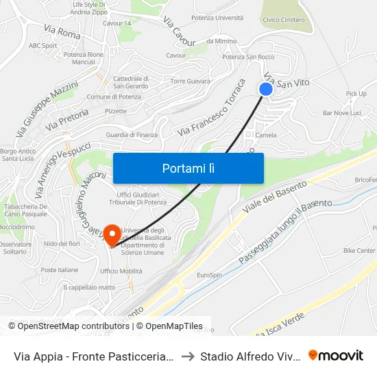 Via Appia - Fronte Pasticceria Piro to Stadio Alfredo Viviani map