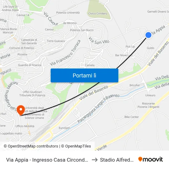 Via Appia - Ingresso Casa Circondariale A.Santoro to Stadio Alfredo Viviani map
