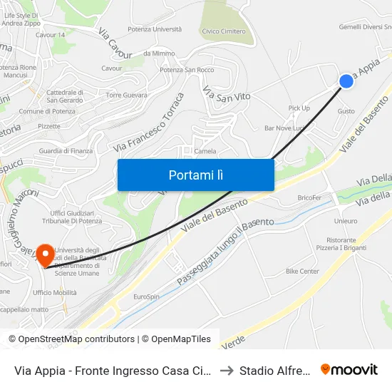Via Appia - Fronte Ingresso Casa Circondariale A.Santoro to Stadio Alfredo Viviani map