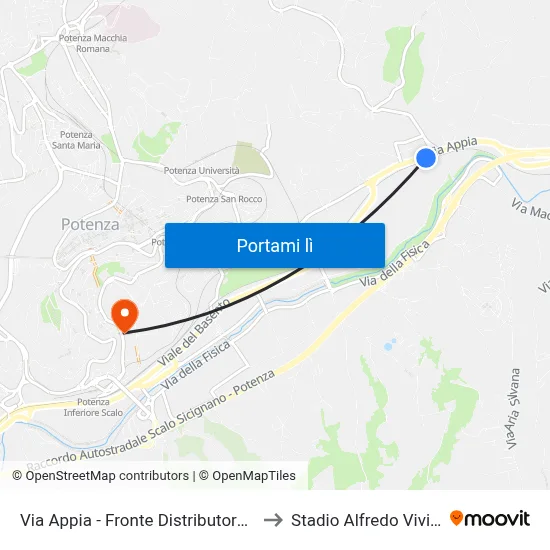 Via Appia - Fronte Distributore Eni to Stadio Alfredo Viviani map