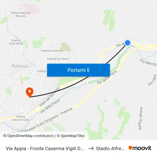 Via Appia - Fronte Caserma Vigili Del Fuoco (Prossimit�) to Stadio Alfredo Viviani map