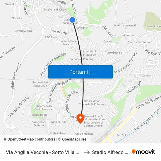 Via Angilla Vecchia - Sotto Villa Santa Maria to Stadio Alfredo Viviani map