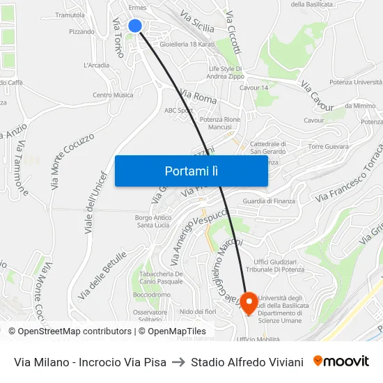 Via Milano - Incrocio Via Pisa to Stadio Alfredo Viviani map