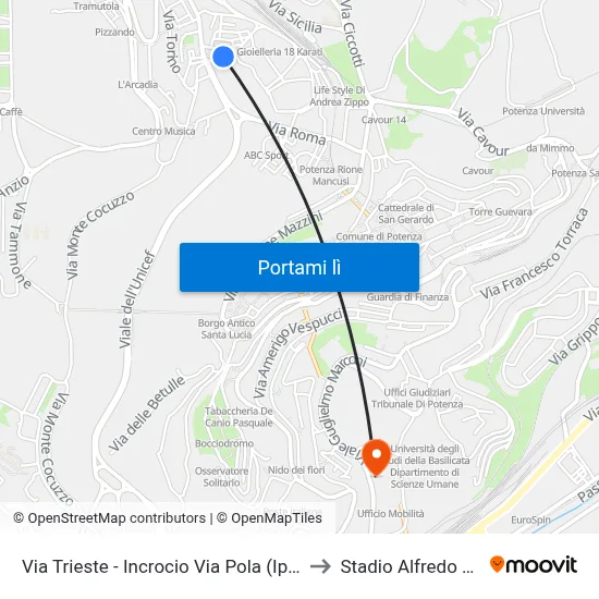 Via Trieste - Incrocio Via Pola (Ipsia Giorgi) to Stadio Alfredo Viviani map