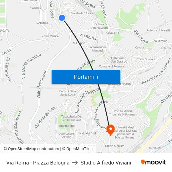 Via Roma - Piazza Bologna to Stadio Alfredo Viviani map