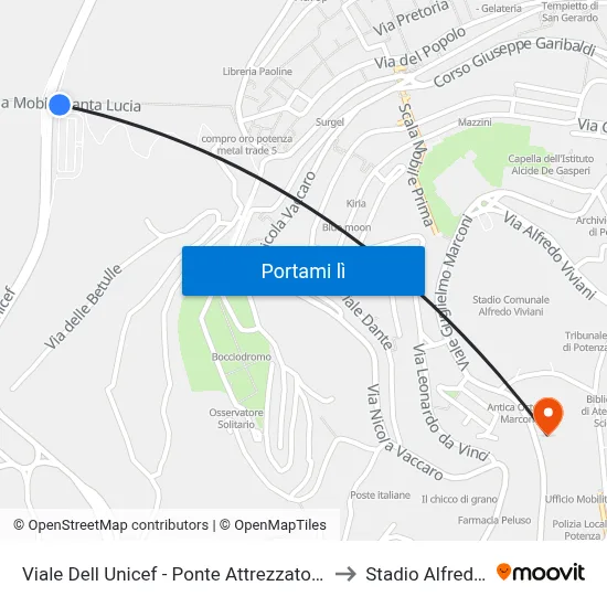 Viale Dell Unicef - Ponte Attrezzato (Lato Santa Lucia) to Stadio Alfredo Viviani map