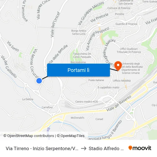 Via Tirreno - Inizio Serpentone/Veterinario to Stadio Alfredo Viviani map