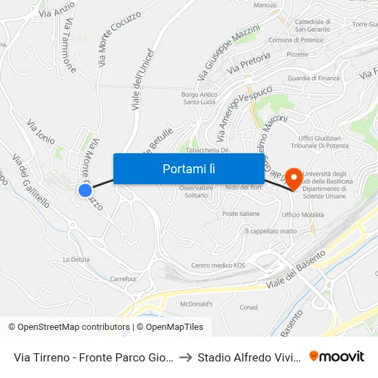 Via Tirreno - Fronte Parco Giochi to Stadio Alfredo Viviani map