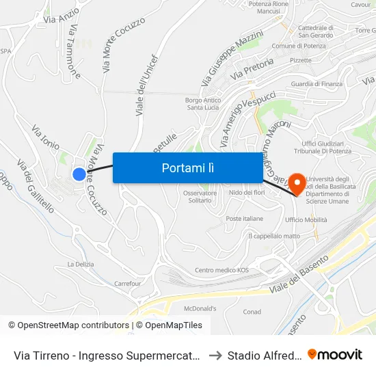 Via Tirreno - Ingresso Supermercato/Farmacia Corvino to Stadio Alfredo Viviani map