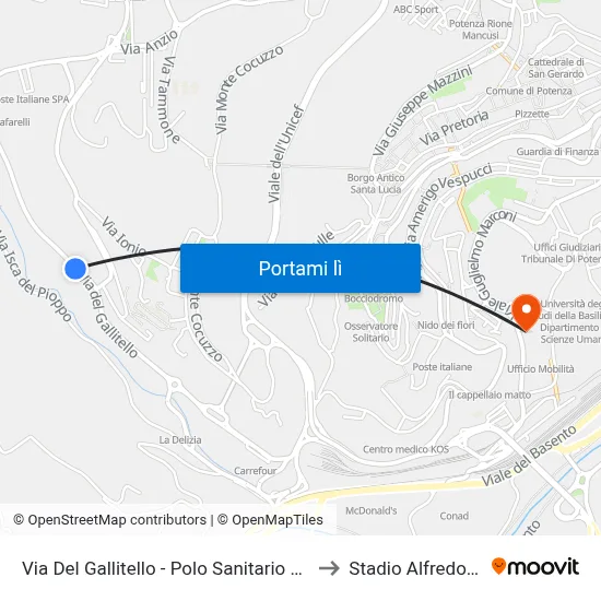 Via Del Gallitello - Polo Sanitario Madre Teresa to Stadio Alfredo Viviani map