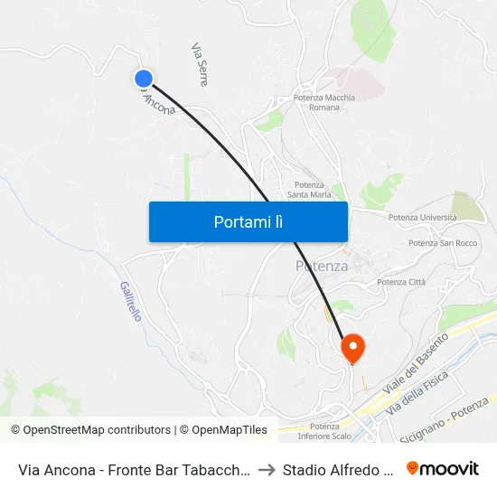 Via Ancona - Fronte Bar Tabacchi Da Canio to Stadio Alfredo Viviani map
