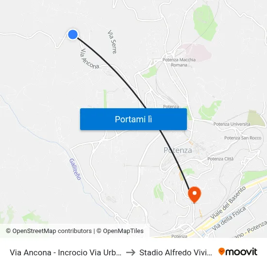 Via Ancona - Incrocio Via Urbino to Stadio Alfredo Viviani map