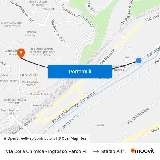 Via Della Chimica - Ingresso Parco Fluviale Basento (Sopraelevata) to Stadio Alfredo Viviani map