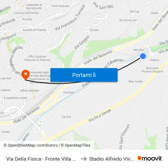 Via Della Fisica - Fronte Villa Bebe to Stadio Alfredo Viviani map