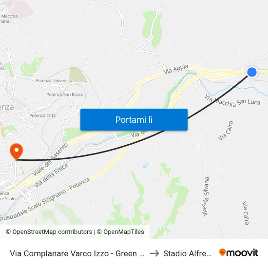 Via Complanare Varco Izzo - Green Village Sporting Club to Stadio Alfredo Viviani map